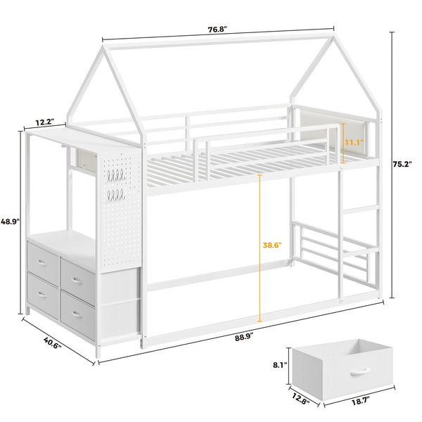 Twin Over Twin House Bunk Bed with Hall Tree & 6 Storage Drawers