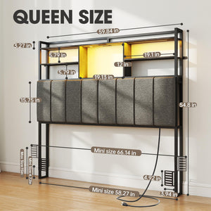 Upholstered Headboard with Storage Shelves, USB Charging & LED Light