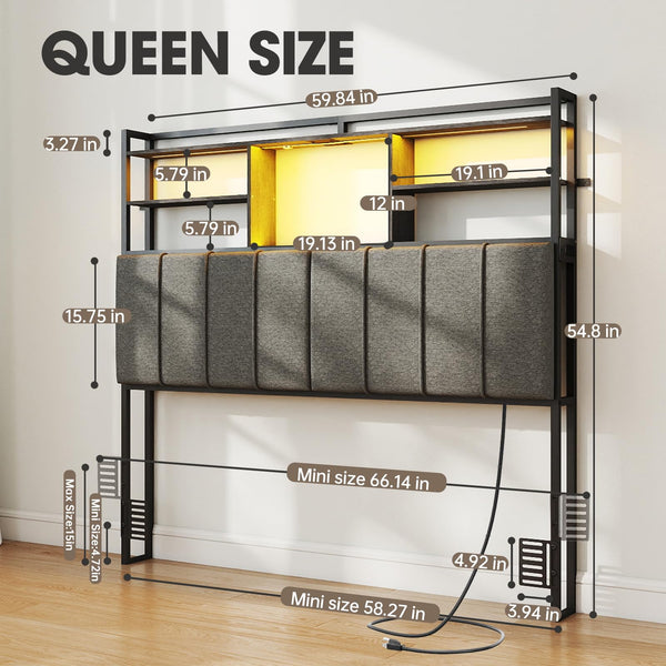 Upholstered Headboard with Storage Shelves, USB Charging & LED Light