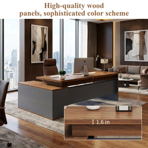 L-Shaped Executive Desk with Storage Cabinet & Open Shelves, 78.74"