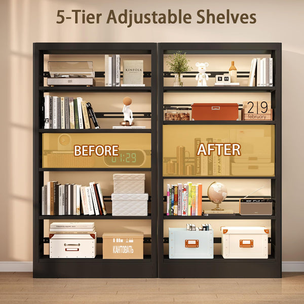 5-Tier Metal Bookshelf, 71"H Adjustable Tall Bookcase