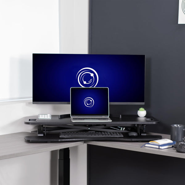 Corner Desk Converter with Wide Keyboard Tray – Height Adjustable Standing Desk Riser