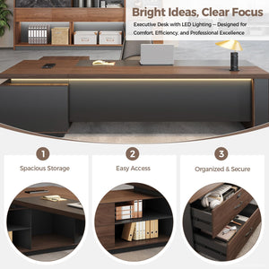 L-Shaped Executive Desk with LED Accent Light, Locking Drawers & 3-in-1 Charging Station