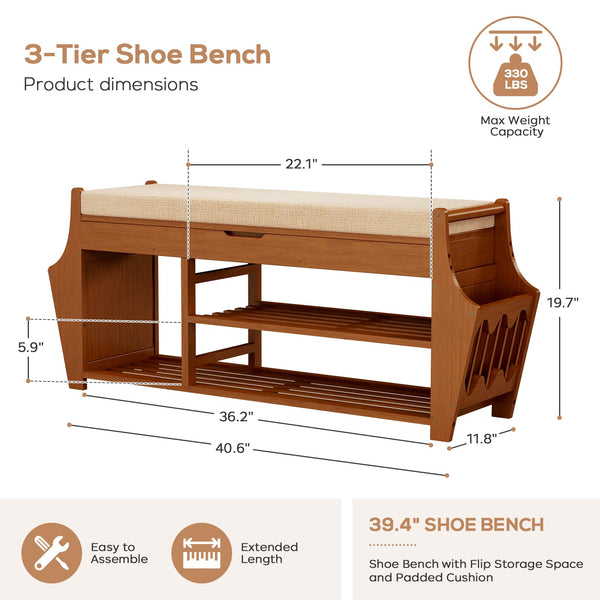 3-Tier Bamboo Shoe Bench with Cushion & Side Storage