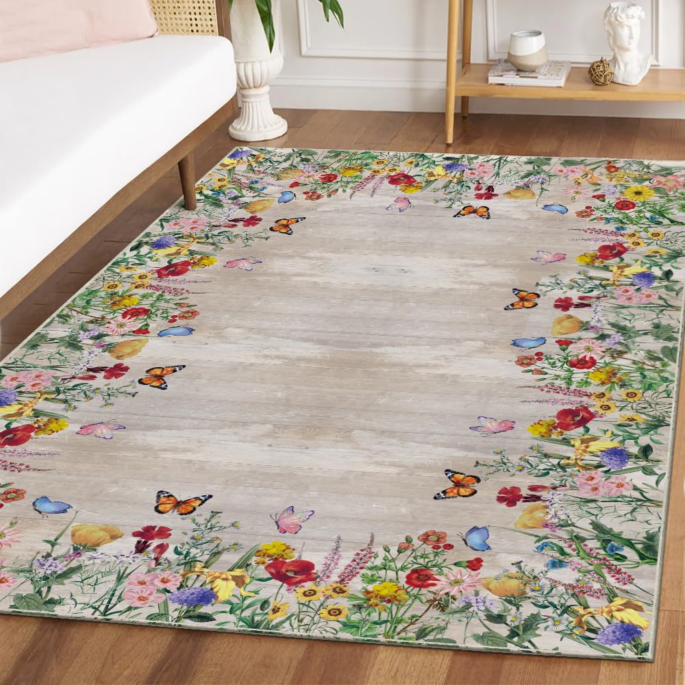 Spring Floral Washable Area Rug – Low Profile Indoor Rug