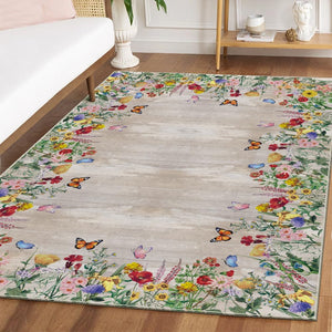 Spring Floral Washable Area Rug – Low Profile Indoor Rug