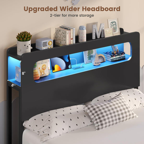 Twin Storage Bed Frame with LED Headboard & Power Outlets