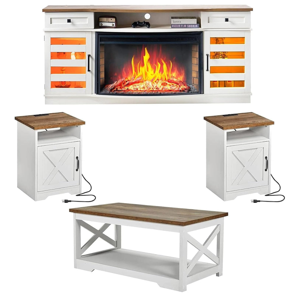 Farmhouse Living Room Table Set of 4 with Electric Fireplace TV Stand