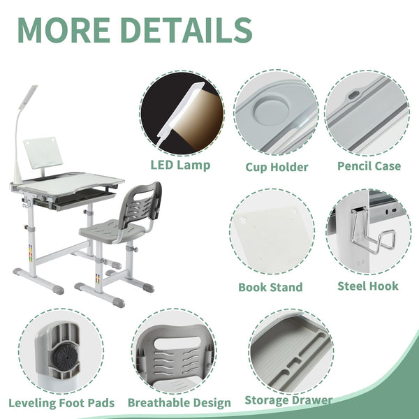 Kids Ergonomic Desk & Chair Set – Tilt Desktop, LED Light, Book Stand & Storage Drawer
