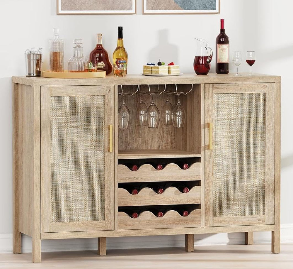 Rattan Wine Bar Cabinet with Glass Holder & Sideboard Storage