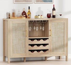 Rattan Wine Bar Cabinet with Glass Holder & Sideboard Storage