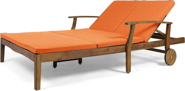 Outdoor Double Chaise Lounge – Acacia Wood Frame with Cream Cushions