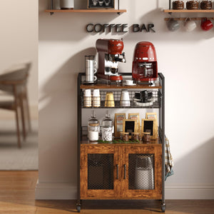 3-Tier Coffee Bar Cabinet with Wheels & Wire Basket Drawer