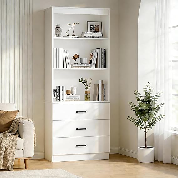 Tall Bookshelf with Drawers & Open Shelves