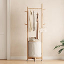 Freestanding Wood Coat Rack with Hooks, Wheels & Fabric Basket