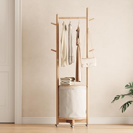 Freestanding Wood Coat Rack with Hooks, Wheels & Fabric Basket