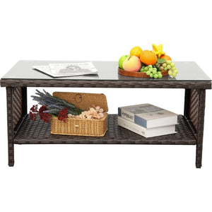 Outdoor Wicker Patio Coffee Table with 2-Layer Storage and Glass Top