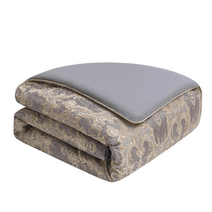 9-Piece Jacquard Comforter Set – Gray & Beige Brown Damask
