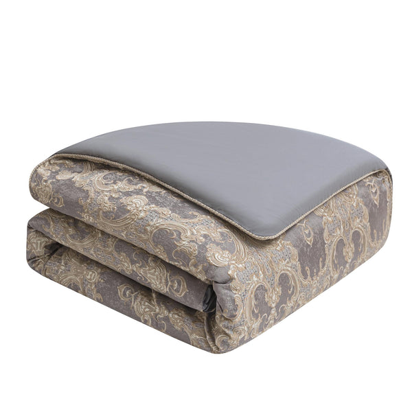 9-Piece Jacquard Comforter Set – Gray & Beige Brown Damask