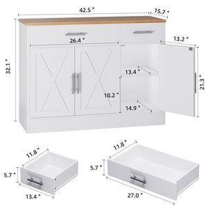 Farmhouse Sideboard Buffet Cabinet with Storage – 3 Barn Doors, 2 Drawers