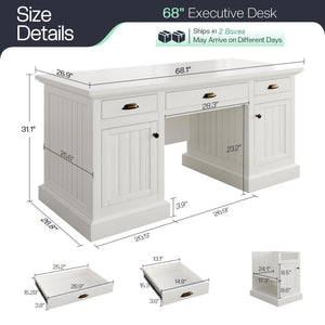 68" Executive Desk with Drawers, Cabinets & Fluted Panel