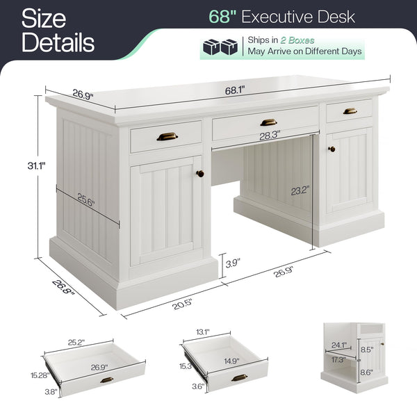68" Executive Desk with Drawers, Cabinets & Fluted Panel