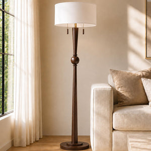 Solid Oak Wood Floor Lamp — 62.8", 2-Light Pull Chain, 17" Drum Shade, 2 LED Bulbs