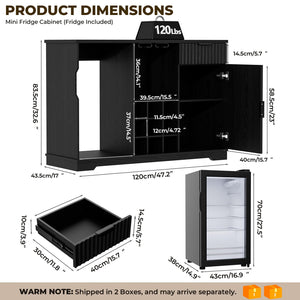 Coffee Bar Cabinet with Mini Fridge, Wine Rack & Glass Holder – Fluted Black