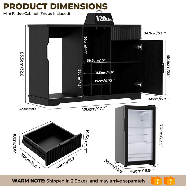 Coffee Bar Cabinet with Mini Fridge, Wine Rack & Glass Holder – Fluted Black