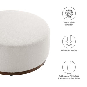 38" Round Boucle Upholstered Ottoman with Wood Base