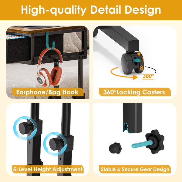 C-Shaped Rolling Standing Desk with Drawers and Storage Shelf