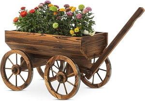 Rustic Wooden Garden Planter Wagon & Wishing Well