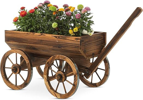 Rustic Wooden Garden Planter Wagon & Wishing Well