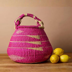 Handwoven Bolga Pot Basket with Handle – 16 Inch Wide Storage Basket