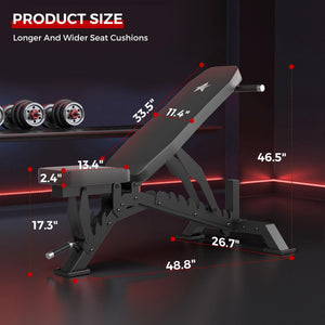 Adjustable Weight Bench with 33" Backrest, 1300LBS Capacity