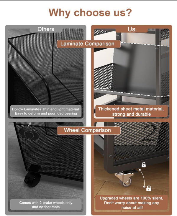 3-Tier Double-Sided Rolling Book Cart with Magnetic Supports