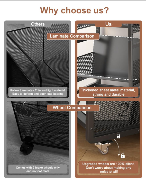 3-Tier Double-Sided Rolling Book Cart with Magnetic Supports