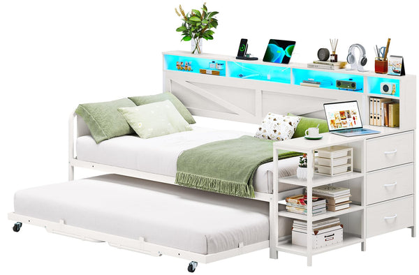 Twin Daybed with Pop-Up Trundle, Storage Drawers & LED Lights