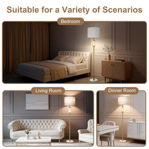 Gold Marble Base Floor Lamp with Night Light & Linen Shade