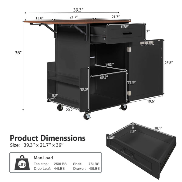 Rolling Kitchen Island with Drop Leaf & Storage