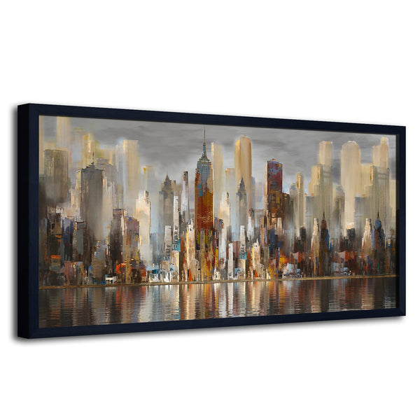 New York Cityscape Framed Canvas Wall Art – 29x58 Brown Abstract