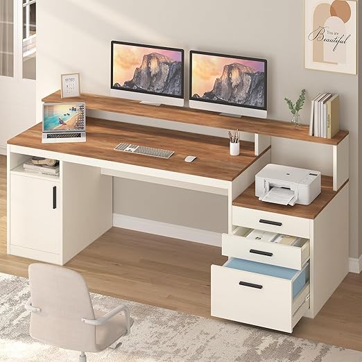 65 Inch Computer Desk with File Cabinet, Storage Shelves & Monitor Stand