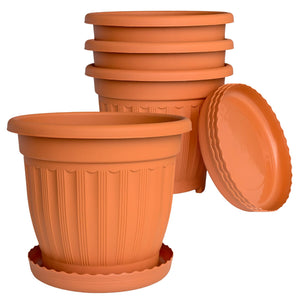 Large Plastic Planters with Drainage & Saucers – Set of 4