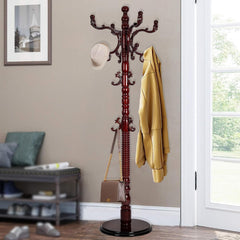Wooden Coat Rack Stand with 14 Hooks, Adjustable Height