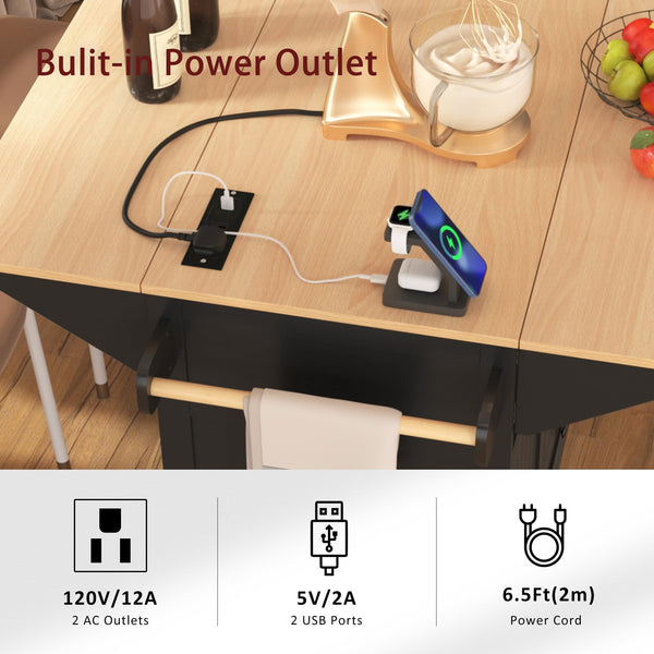 Rolling Kitchen Island with Drop Leaf Countertop & Power Outlets