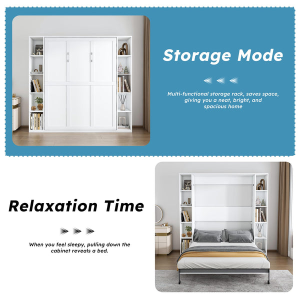 Queen Murphy Bed with Storage Cabinet – White