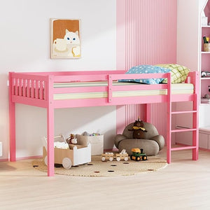 Twin Low Loft Bed Frame with Guardrail and Ladder