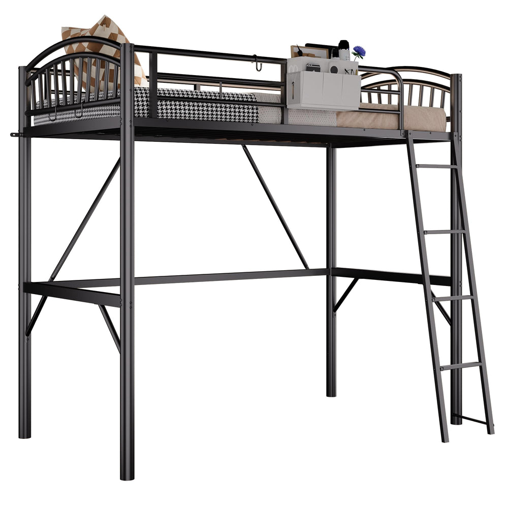 Twin Metal Loft Bed with Guardrails & Convertible Ladder
