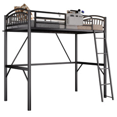 Twin Metal Loft Bed with Guardrails & Convertible Ladder