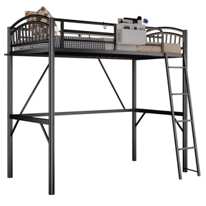 Twin Metal Loft Bed with Guardrails & Convertible Ladder